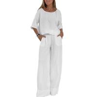 Conjunto de playa con pantalones de bolsillo informales y a la moda, Top de manga corta de primavera y verano, dos piezas de Color sólido de algodón y lino para mujer - details 1