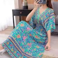 Casual bohemio estilo nacional con cuello en V cintura elástica gran Swing impreso verano Falda larga mujer vestido ropa - details 9