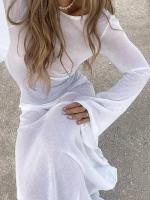 Vestido transparente con espalda abierta para mujer, ropa de verano ajustada de cintura alta, empalmado, mangas largas, Color sólido, playa - details 3