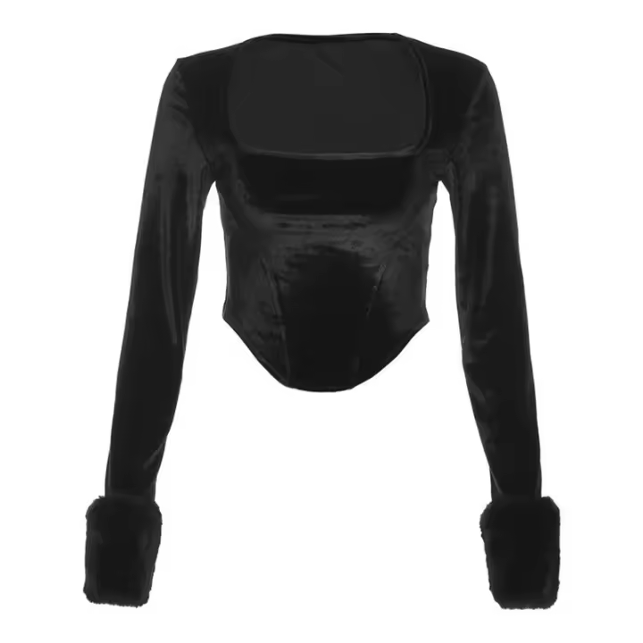 BUNO- Y2K Vintage Slim Fit Shapewear Tops de terciopelo Cuello cuadrado profundo Patchwork de felpa Camisetas de manga larga con dobladillo triangular - 1