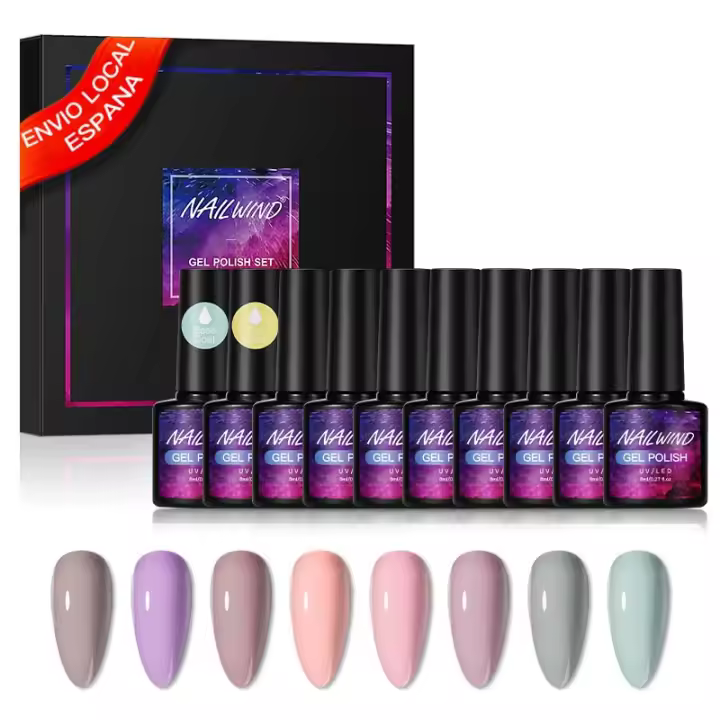 NAILWIND-Juego de Esmaltes en Gel para uñas, Base y capa superior de colores del Arcoíris, Esmaltes semipermanentes UV Led, 10 piezas, 8ml - 1