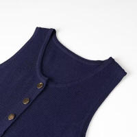 Vestido elegante de punto liso para mujer sin mangas, cuello redondo, botonadura sencilla con bolsillos - details 4