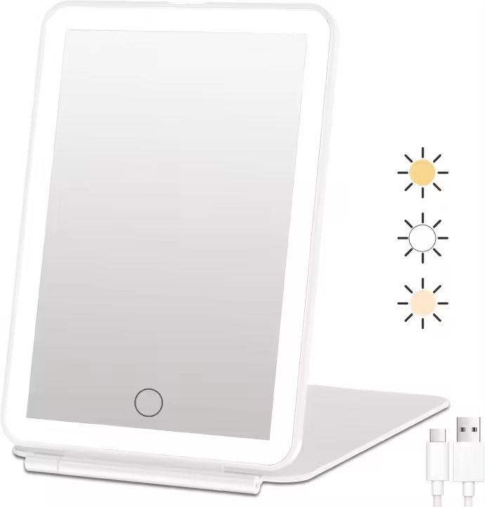 Espejo de tocador de maquillaje de viaje recargable, iluminación de 3 colores, pantalla táctil regulable, espejo cosmético LED de mesa con luces - 1
