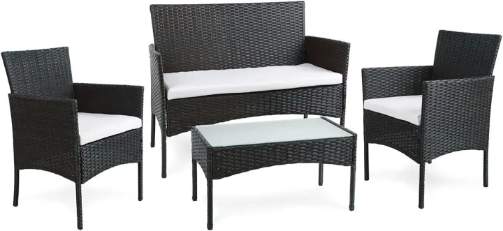 Conjunto de muebles de jardín de resina trenzada gris - 4 asientos: 1 sofá, 2 sillones, 1 mesa de centro - Cojines grises con cremallera - 1