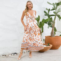 Vestidos largos bohemios para mujer, cuello en V, sin mangas, cintura alta, Maxi, estampado naranja, playa, S - details 4