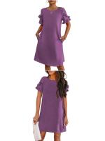 Verano para mujer, manga corta, corte A, mini vestido de playa informal con cuello redondo - details 4