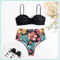 Conjunto de bikini bandeau liso, estampado tropical sexy, traje de baño mejorado para mujer, traje de baño de cintura alta con encaje en la espalda, ropa de playa - details 9
