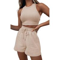 Conjunto de dos piezas de verano para mujer, chaleco sin mangas de color sólido con textura gofre y pantalones cortos casuales de moda. - details 11