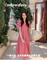 Vestido rosa elegante de verano a la moda con cuello cuadrado y manga abombada, Vestidos femeninos con volantes, vestido de fiesta de cintura alta de Corea, Vestidos para mujer - details 1