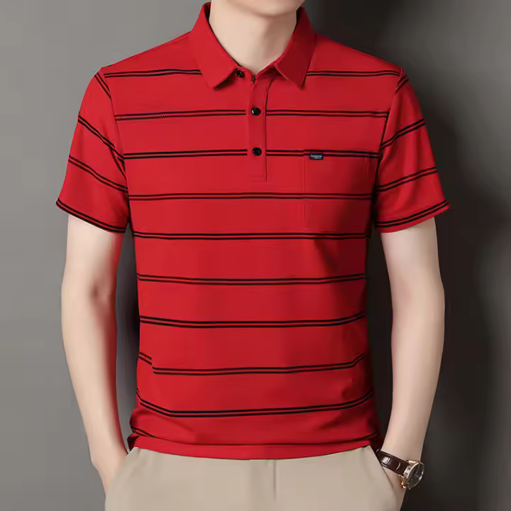 Novedad de verano, camiseta de manga corta para hombre, moda a rayas, solapa informal, bolsillo real, polo para mediana edad y ancianos - 1