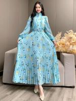 2024 nueva primavera otoño mujeres cuello con volantes manga cinturón ajustado largo dulce plisado dobladillo grande vestido de gasa ral - details 1