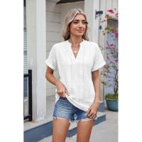 BUNO-2025 Blusas informales para mujer, camisas holgadas de manga corta con cuello de pico de Jacquard bordado a la moda, Tops elegantes de colores sólidos para verano - details 41