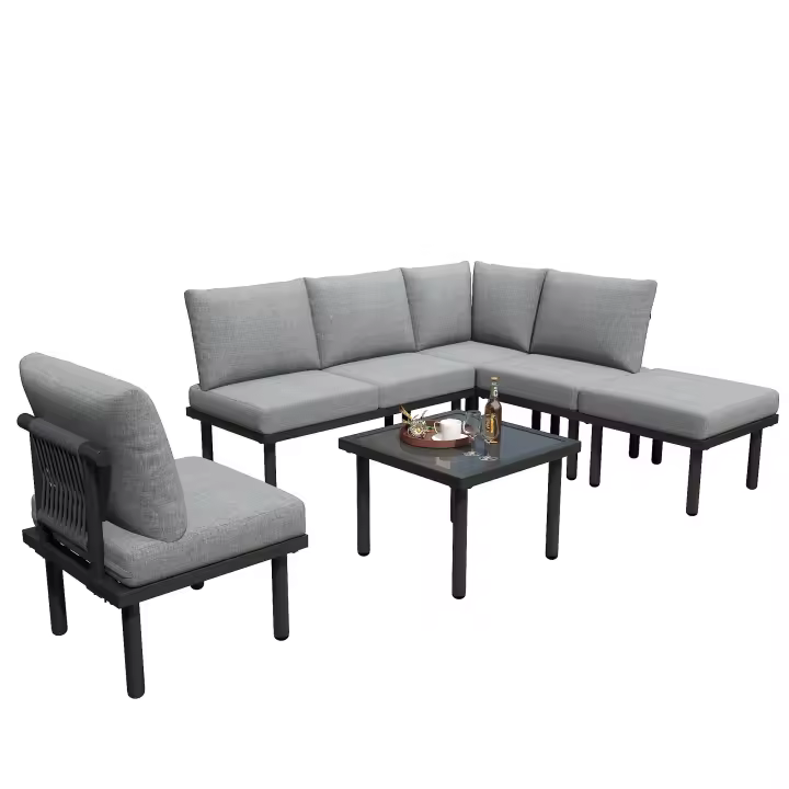 Garten-Lounge-Set mit Rahmen aus verzinktem Eisen, 6er-set,Gartenmöbel-Set aus Seil, graues Seil, verstellbare Füße, Tischplatte aus glattem Glas, inklusive aller Sitz- und Rückenkissen,grau - 1