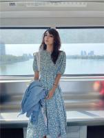 Vestido corpiño con mangas florales frescas para mujer, vestido largo romántico de estilo francés con temperamento suave, tejido de poliéster estampado - details 18