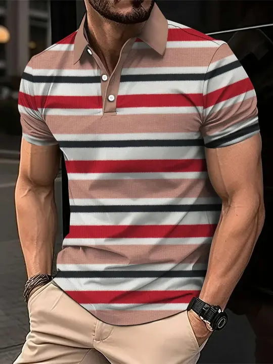 Polo a rayas con estampado digital 3D para hombre, ropa de manga corta, solapa, top informal de negocios, moda de verano - 1