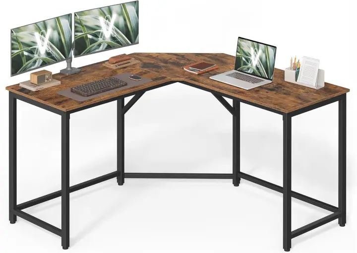 Escritorio de Esquina, Escritorio en Forma de L, 149 x 149 x 76 cm, Ahorra Espacio, Oficina en Casa, Juegos, Marrón Rústico y Negro Tinta LWD73X - 1