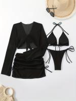 Conjunto de baño de 4 piezas para mujer Lauvoco, 2024, nuevo color liso, pareo de hombros descubiertos, falda de malla transparente, bikini, 82% poliéster, 18% elastano, tejido de punto de alta elasticidad, detalle de cordones, sin mangas, para nadar. - details 1