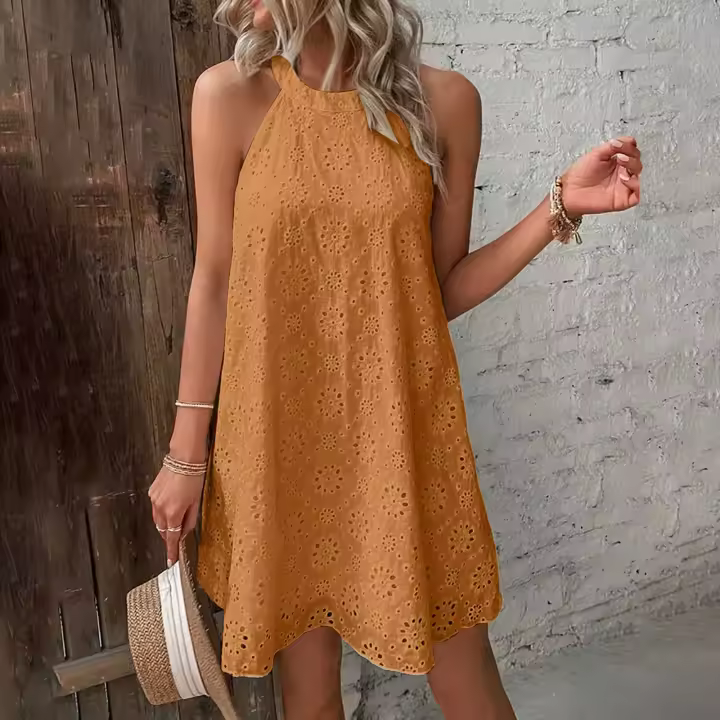 Vestido corto sin mangas para mujer, cuello halter suelto informal de color sólido para vacaciones y playa - 1
