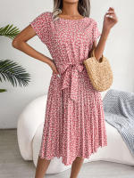Spring Summer Women Short Sleeve Pleated Long Dress Elegant High Waist Floral Fashion A-line Dress - details 20