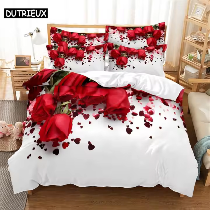 Conjunto de Cama de Rosa Roja de Moda Tamaño Rey Diseño Digital Algodón de Cama - 1