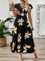 Vestido con borde de volantes y cuello en V estampado a la moda de verano 2025 para mujer - details 5