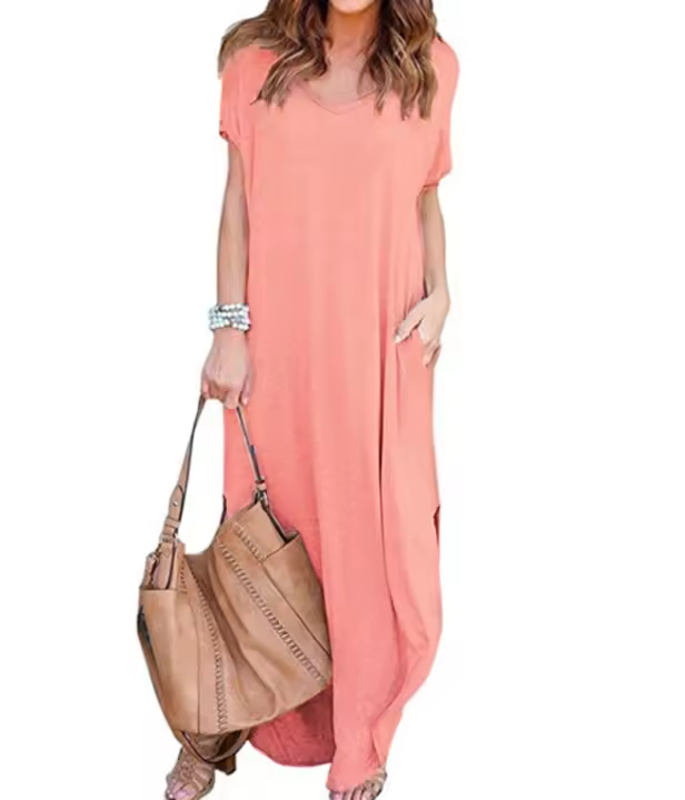 Vestido largo de verano de manga corta y cuello en V con bolsillos - 1