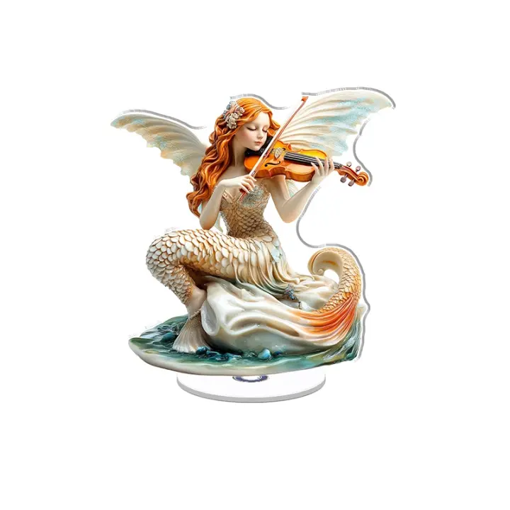 La pantalla acrílica giratoria presenta un ángel ninfa del agua con alas de escamas de pez tocando un violín de concha marina en una piscina de luz de luna líquida. - 1