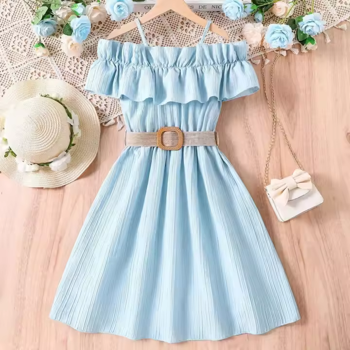 Vestido Casual de Chifón para Niñas Correa de Hombro de Una Línea, Estilo de Princesa para Edades de 8-12 Años - 1
