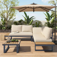 Conjunto de ocio para jardín, posición esquinera con función de reclinación en ángulo ajustable (5 niveles ajustables, hasta 55 ° ), acero tubular galvanizado, tablero de plástico con veta de teca, con mesa de centro, beige + gris - details 2