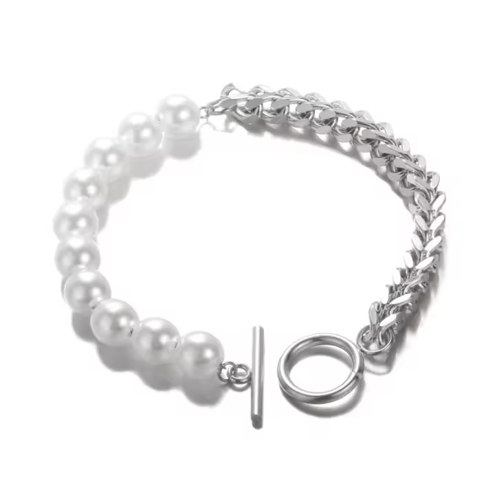 Pulsera de perlas de cadena gruesa de acero inoxidable para mujer, pulsera con hebilla OT, regalos para mujer - 1