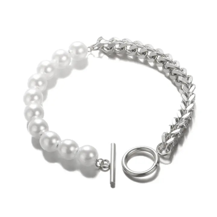 Pulsera de perlas de cadena gruesa de acero inoxidable para mujer, pulsera con hebilla OT, regalos para mujer - 1