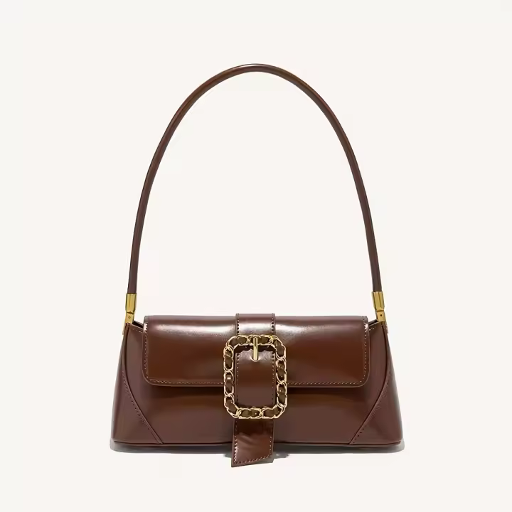 Bolso baguette retro vintage para mujer: elegante bolso de hombro marrón con correa de cadena en tono dorado, cierre magnético y forro de poliéster para uso diario, bolso novedoso - 1