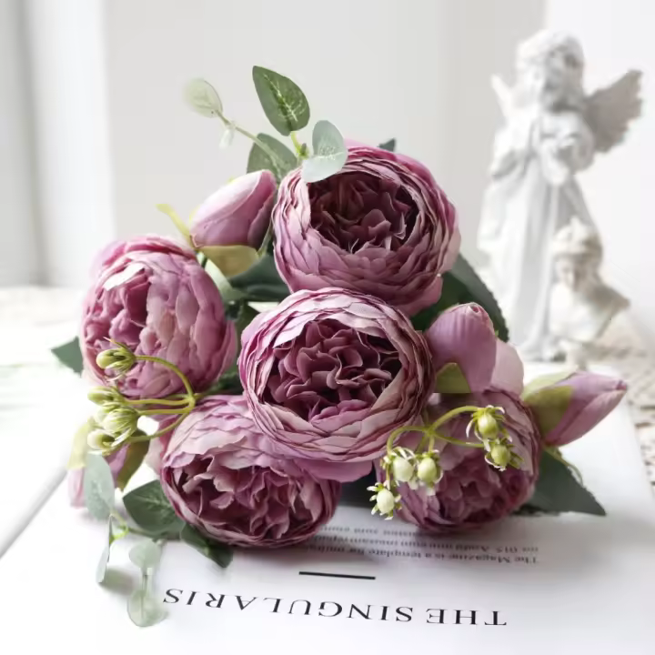 Flores de peonía rosa de seda de 30CM, ramo de Flores artificiales de peonía de 5 cabezas, decoración de mesa, regalos, Flores de simulación - 1