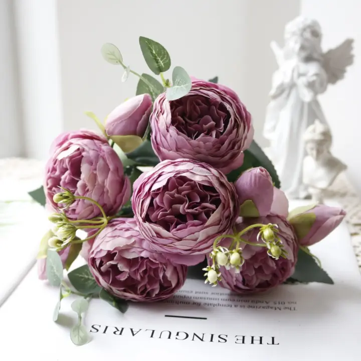 Flores de peonía rosa de seda de 30CM, ramo de Flores artificiales de peonía de 5 cabezas, decoración de mesa, regalos, Flores de simulación - 1