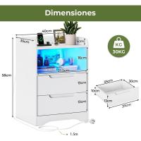 Mesitas de Noche con luces LED y Estación de Carga (2 Tomas AC, 2 Puertos USB) Mesita de Noche Blanca Mesas Auxiliares con 1 compartimento abierto y 2 cajones para Dormitorio Salón - details 2