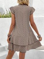 2024 elegante mujer Casual volante holgado Mini vestido estampado bohemio cuello en V con cordones pequeños vestidos de manga voladora para mujer - details 3