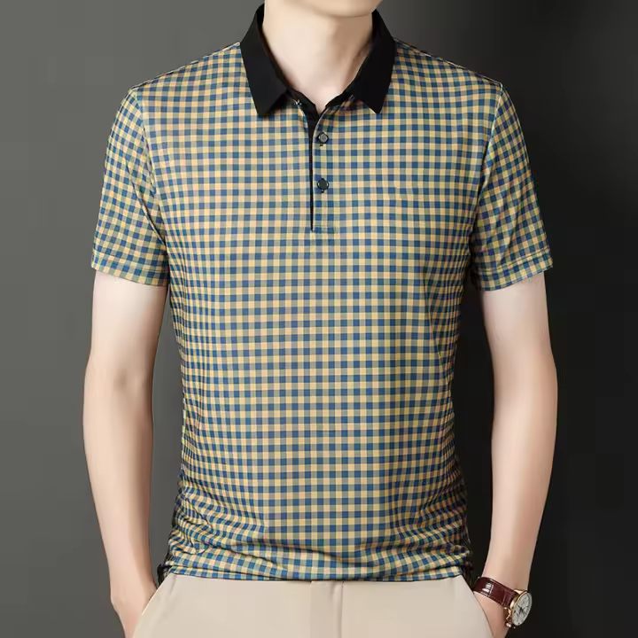 Camisa polo a cuadros con cuello, camiseta informal de negocios de verano, cuello de moda para hombre - 1
