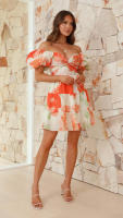 Vestido corto de manga abullonada con cuello en V para mujer, estampado, estilo de verano - details 11