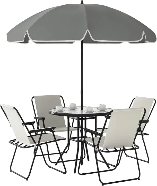 Conjunto de Mesa y Sillas de Jardín al Aire Libre de 6 Piezas Muebles de Jardín con 4 Sillas Plegables Mesa de Vidrio y Parasol para Patio Terraza Gris - 1