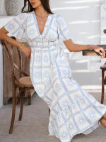 2025 Primavera / Verano Casual Bomisia Vacaciones Estilo Estampado Contraste Color Cuello en V Cintura alta Vestido de manga corta - details 23