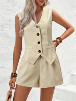 Conjunto Mujer 2025 - Chaleco Elegante con Botones y Shorts, Cuello en V, Tejido Transpirable - Moda Oficina y Casual - details 2