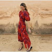 OUWU-Vestido Midi con diseño sin espalda para mujer, elegante con estampado, cuello vuelto, mangas abullonadas, corte en A, novedad de verano 2024 - details 9