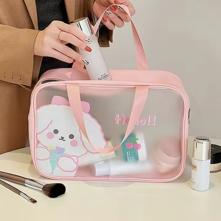 Bolsa de cosméticos transparente práctica de conejo de dibujos animados de PVC, bolsa de maquillaje, bolsa de almacenamiento para lavado de vaca, color rosa - 1