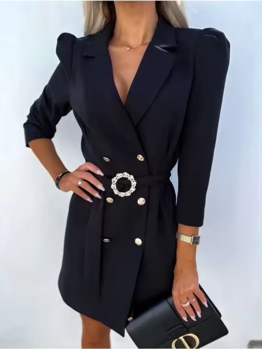 Vestido de chaqueta de traje con cuello estampado de manga larga cómodo y elegante a la moda para mujer con cinturón - 1