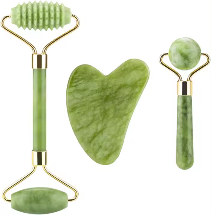 ILamourCar Rodillo Jade, 3 Piezas Gua Sha y Rodillo de Jade Masajeador Facial, para Cuello Cara Ojos Cabeza Cuerpo - Verde - 1