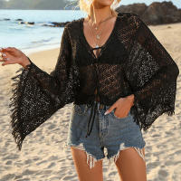Vestido playero de ganchillo para mujer: envoltura holgada de bikini de manga larga con lazo de borlas, mangas acampanadas y protección solar - details 2