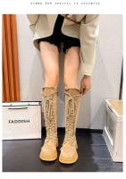 Botas de mezclilla hasta la rodilla para mujer con tacones puntiagudos y gruesos y bordado clásico para mayor resistencia al deslizamiento. - details 3