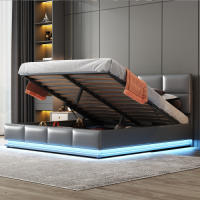 Cama de Almohada Tapizada 160 x 200cm LED, Rejilla Metálica, Caja de Cama, Doble Cama con Soporte de Cabeza Ajustable y Espacio de Almacenamiento Hidráulico Gris (Sin Colchón) - details 1