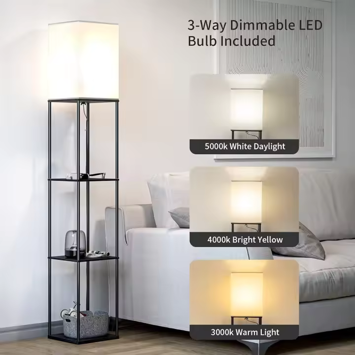 Lámpara de Pie, Temperatura de 3 Colores, Lámpara con Estantes con Bombilla LED, Lámpara de Salón, Dormitorio, Estudio y Oficina, Negro,Decoración Hogar Vintage - 1