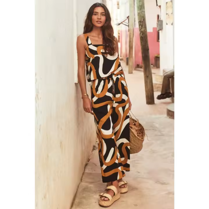 "Conjunto de Verano Mujer 2025 Miravia |   Top Escote Cuadrado Estampado + Pantalón Pierna Ancha |   Conjunto 2 Piezas Elegante |   Moda Playa y Ciudad |   Traje Fresco y Cómodo" - 1